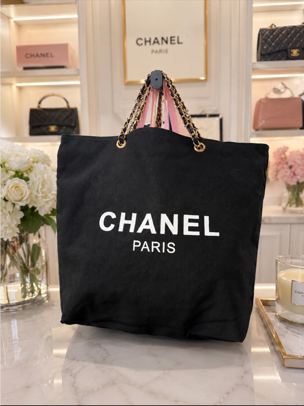 Large NWOT NIP Paris Black Canvas Tote with Chain-Trim Handles